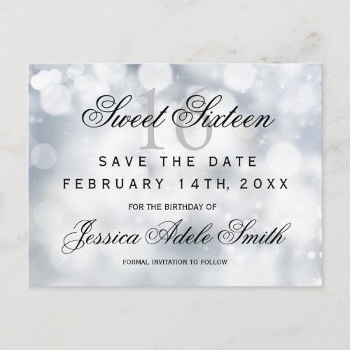 Glamorous Silver Glitter  Sweet 16 save the date Postcard