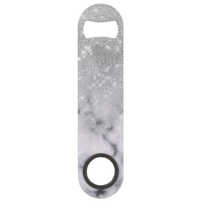 Glamorous Silver Glitter White Marble Bar Key (Front)