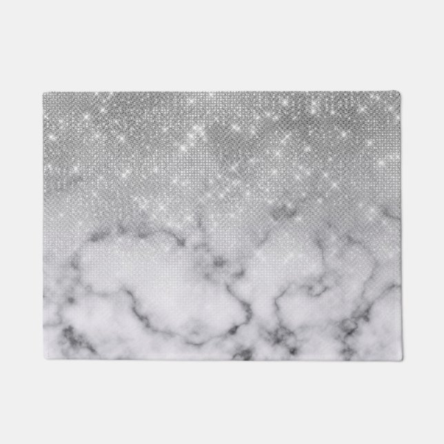 Glamorous Silver Glitter White Marble Doormat (Front)
