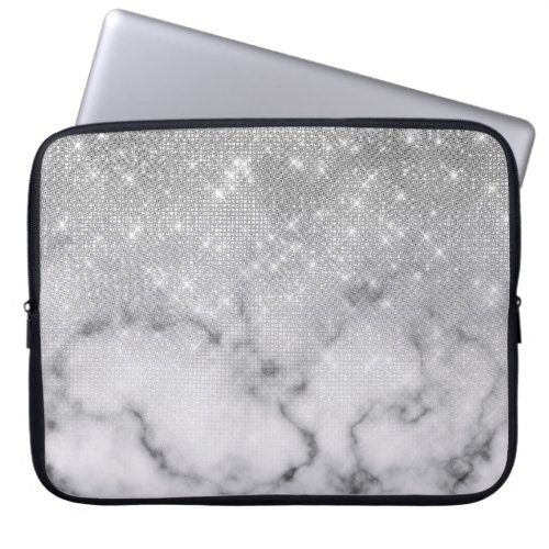 Glamorous Silver Glitter White Marble Laptop Sleeve