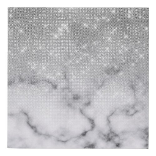 Glamorous Silver Glitter White Marble Ombre Faux Canvas Print
