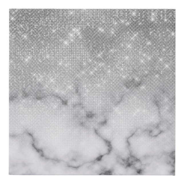 Glamorous Silver Glitter White Marble Ombre Faux Canvas Print (Front)