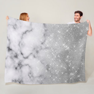 Glamorous Silver Glitter White Marble Ombre Fleece Blanket