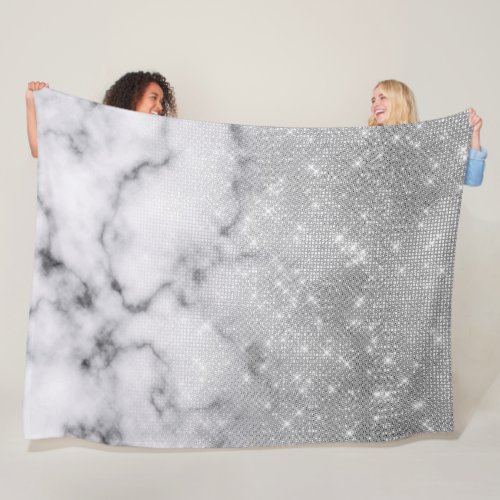 Glamorous Silver Glitter White Marble Ombre Fleece Blanket