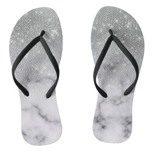 Glamorous Silver Glitter White Marble Ombre Flip Flops
