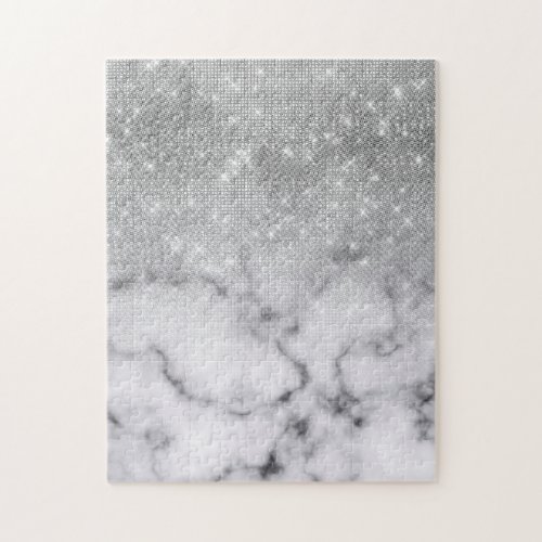 Glamorous Silver Glitter White Marble Ombre Jigsaw Puzzle