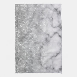 Glamorous Silver Glitter White Marble Ombre Kitchen Towel