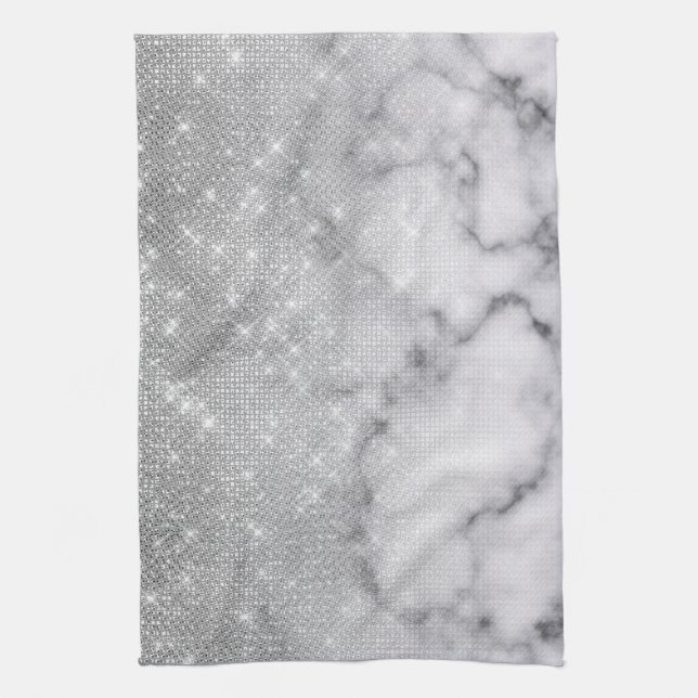 Glamorous Silver Glitter White Marble Ombre Kitchen Towel (Vertical)