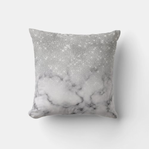 Glamorous Silver Glitter White Marble Ombre Outdoor Pillow