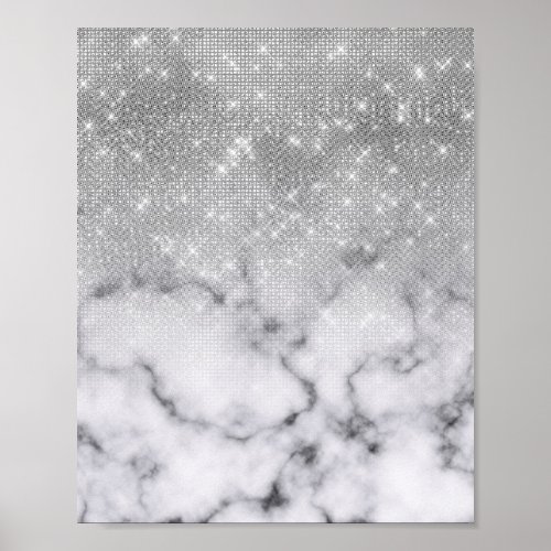 Glamorous Silver Glitter White Marble Ombre Poster
