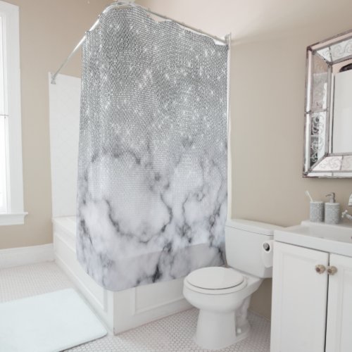 Glamorous Silver Glitter White Marble Ombre Shower Curtain