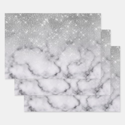 Glamorous Silver Glitter White Marble Ombre Wrapping Paper Sheets