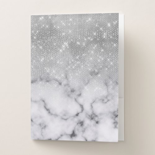 Glamorous Silver Glitter White Marble Pocket Folder
