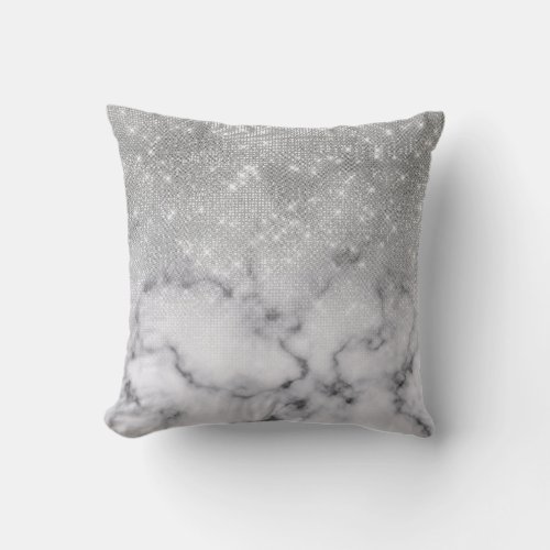 Glamorous Silver Glitter White Marble Throw Pillow