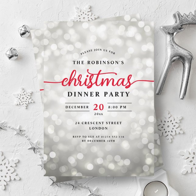Glamorous Silver Lights Christmas Dinner Party  Invitation (Glamorous Silver Lights Christmas Dinner Party Invitation)
