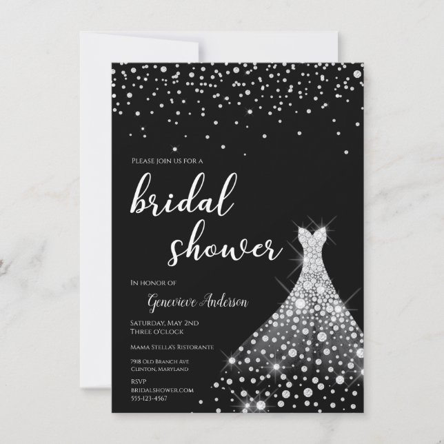 Glamorous Silver on Black Bridal Shower  Invitation (Front)