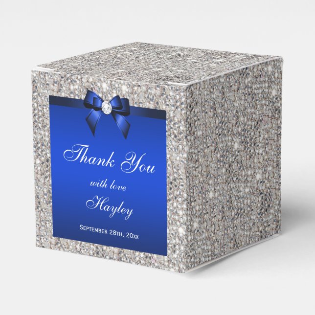 Glamorous Silver Sequins Blue Bow Diamond Favor Boxes (Front Side)
