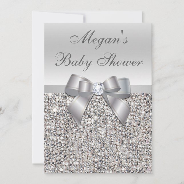 Glamorous Silver Sequins Bow Baby Shower Invitation (Front)