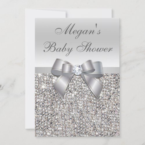 Glamorous Silver Sequins Bow Baby Shower Invitation
