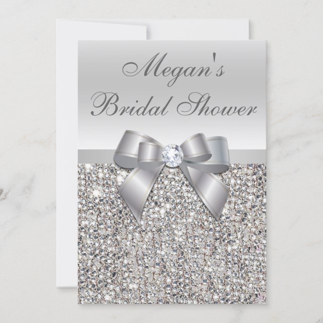 Glamorous Silver Sequins Bow Bridal Shower Invitation (Front)