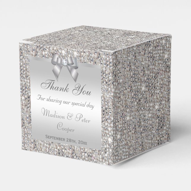 Glamorous Silver Sequins Bow Diamond Favor Boxes (Front Side)