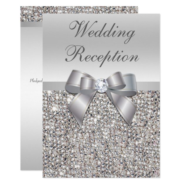 Glamorous Silver Sequins Bow Wedding Reception Card