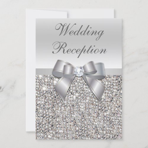 Glamorous Silver Sequins Bow Wedding Reception Invitation
