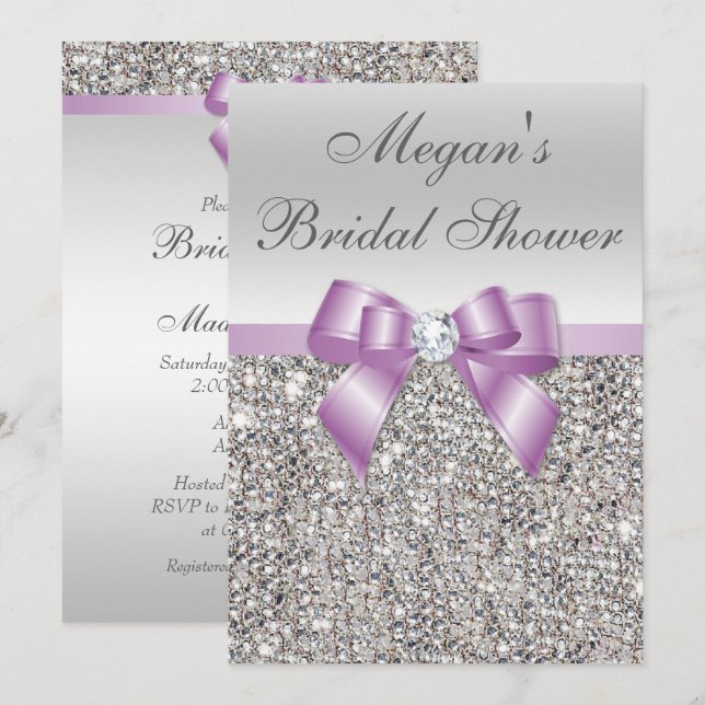 Glamorous Silver Sequins Lilac Bow Bridal Shower Invitation (Front/Back)