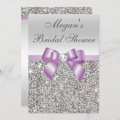 Glamorous Silver Sequins Lilac Bow Bridal Shower Invitation