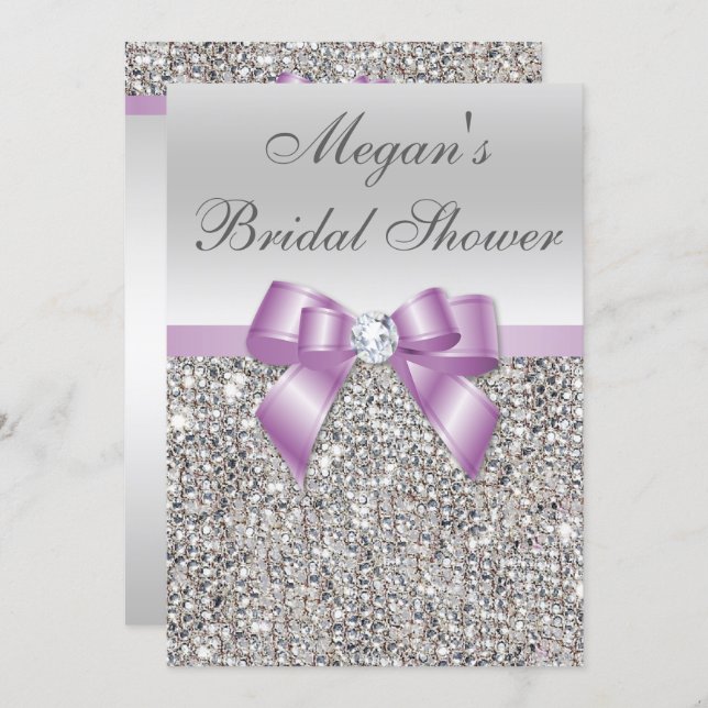 Glamorous Silver Sequins Lilac Bow Bridal Shower Invitation (Front/Back)