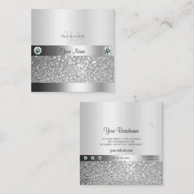 Glamorous Silver Shimmery Glitter with Monogram Square Business Card (Front/Back)