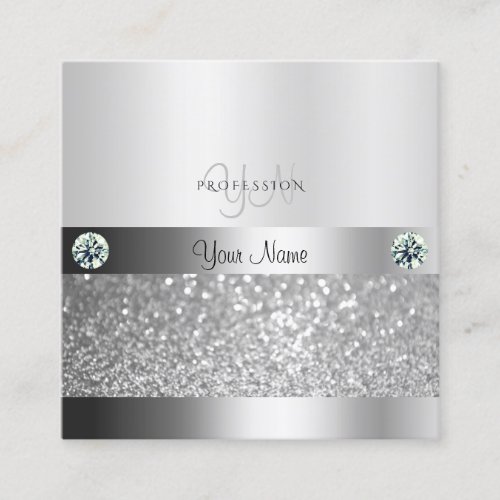 Glamorous Silver Shimmery Glitter with Monogram Square Business Card