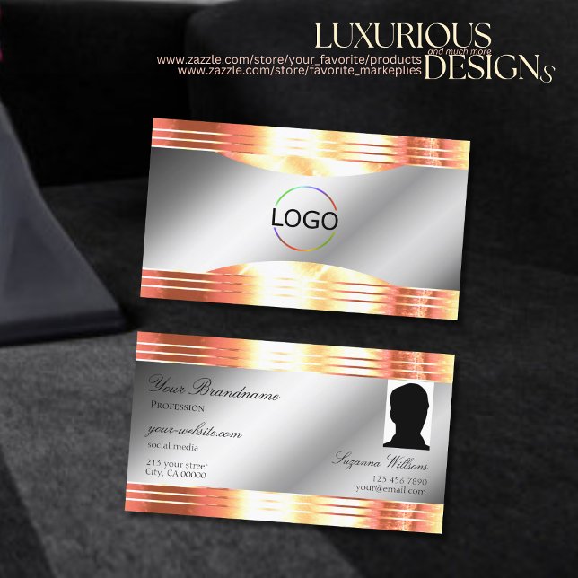Glamorous Silver Shimmery Rose Gold Logo and Photo Business Card (Creator Uploaded)