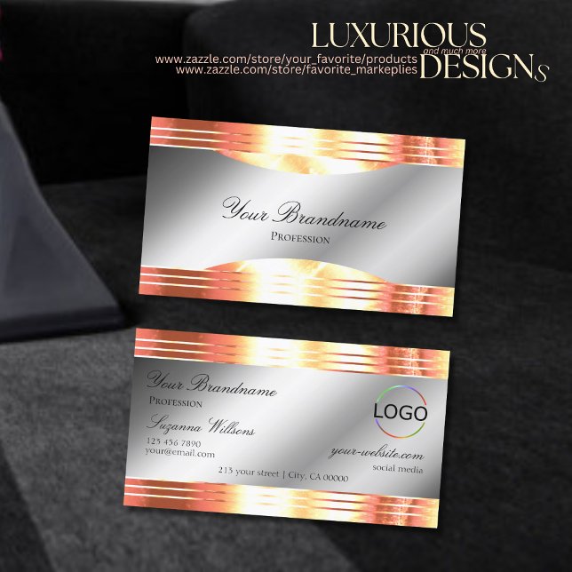 Glamorous Silver Shimmery Rose Gold with Logo Business Card (Creator Uploaded)