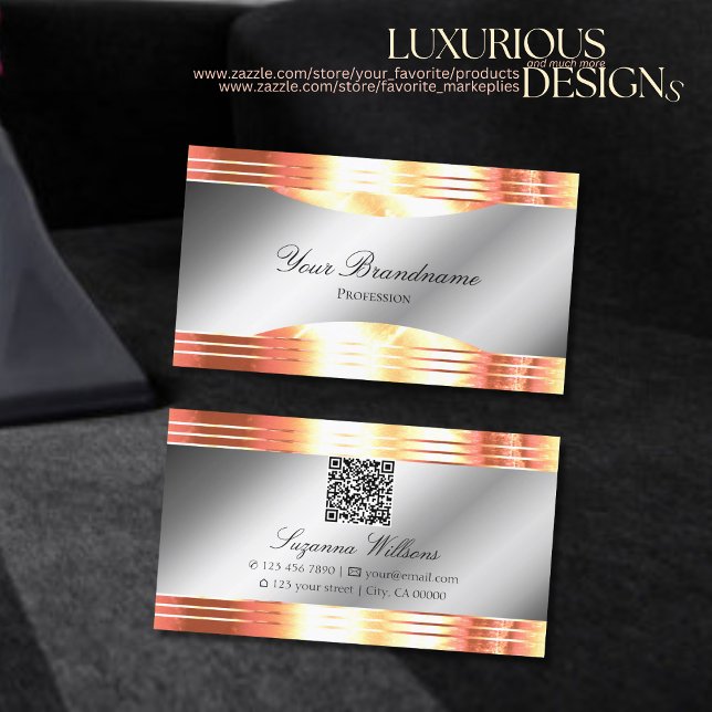 Glamorous Silver Shimmery Rose Gold with QR Code Business Card (Creator Uploaded)