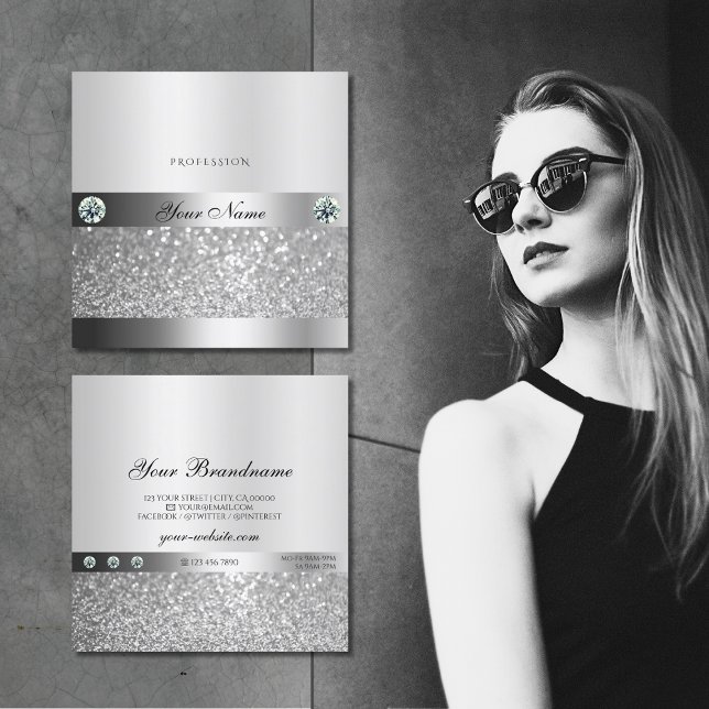 Glamorous Silver Sparkling Glitter Shimmery Jewels Square Business Card (Creator Uploaded)