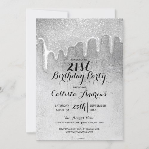 Glamorous Silver Thick Glitter Drips Birthday Invitation