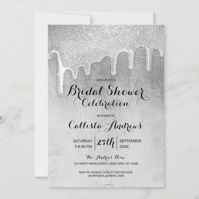 Glamorous Silver Thick Glitter Drips Bridal Shower Invitation (Front)