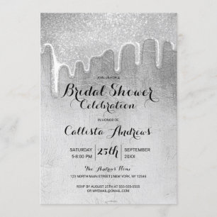 Glamorous Silver Thick Glitter Drips Bridal Shower Invitation