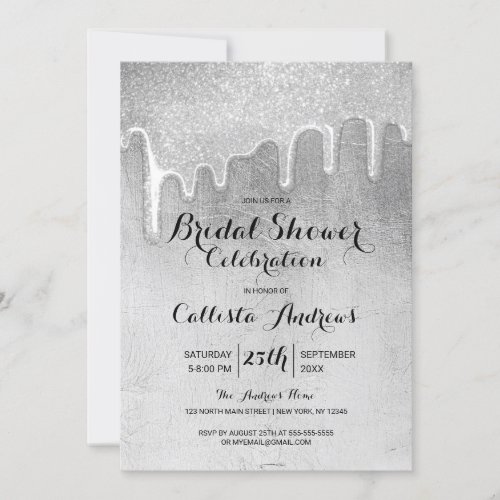 Glamorous Silver Thick Glitter Drips Bridal Shower Invitation