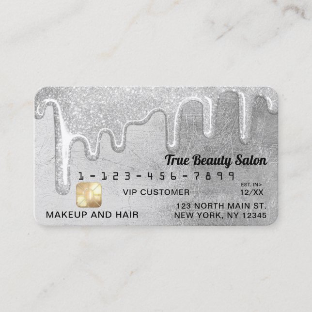 Glamorous Silver Thick Glitter Drips Credit Business Card (Front)