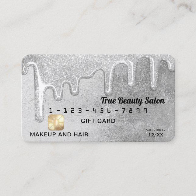 Glamorous Silver Thick Glitter Drips Gift Credit Business Card (Front)