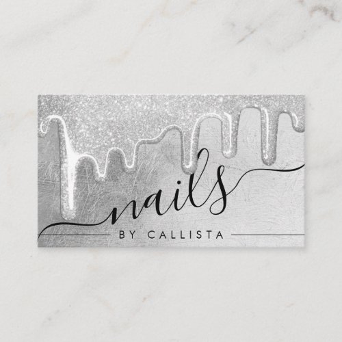 Glamorous Silver Thick Glitter Drips Nails Business Card
