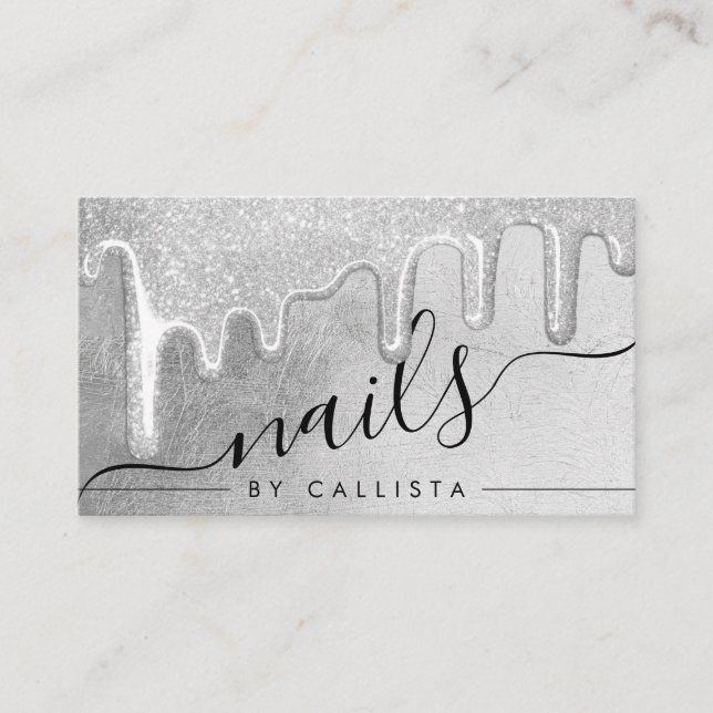 Glamorous Silver Thick Glitter Drips Nails Business Card (Front)
