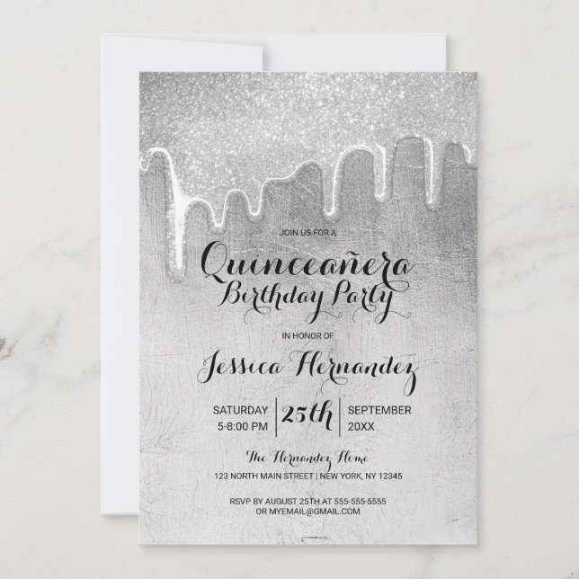 Glamorous Silver Thick Glitter Drips Quinceañera Invitation (Front)