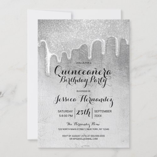 Glamorous Silver Thick Glitter Drips Quinceaera Invitation