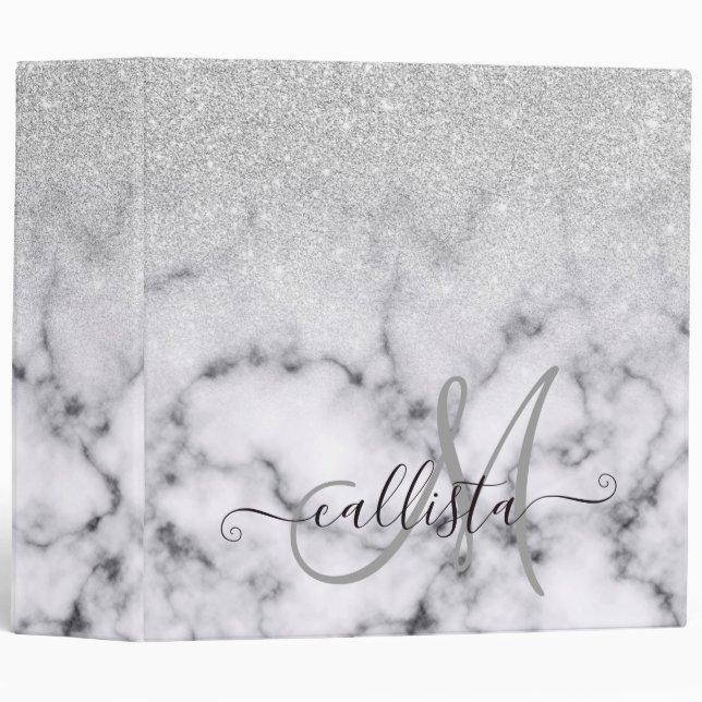 Glamorous Silver White Glitter Marble Gradient 3 Ring Binder (Front/Spine)