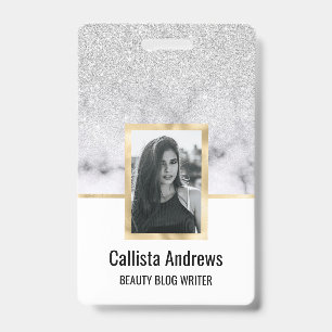 Glamorous Silver White Glitter Marble Gradient Badge