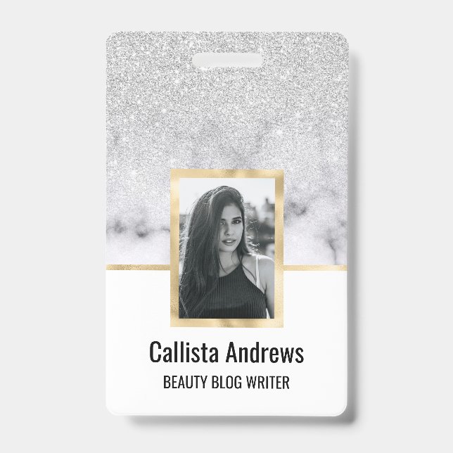 Glamorous Silver White Glitter Marble Gradient Badge (Front)