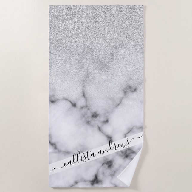 Glamorous Silver White Glitter Marble Gradient Beach Towel (Front)